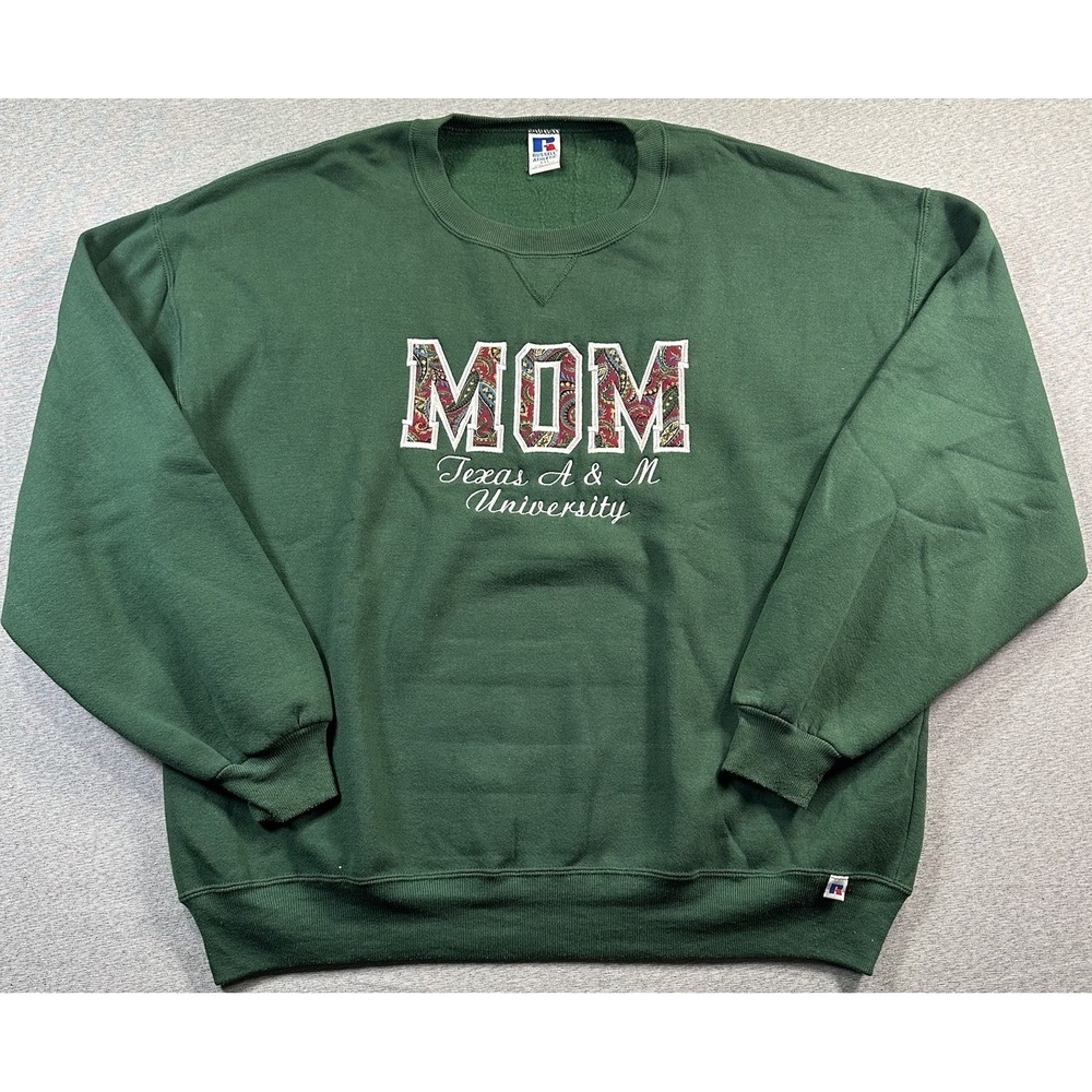 VTG Texas A&M Aggies MOMā Sweatshirt Russel Athletic 2XL Green Embroidered EUC